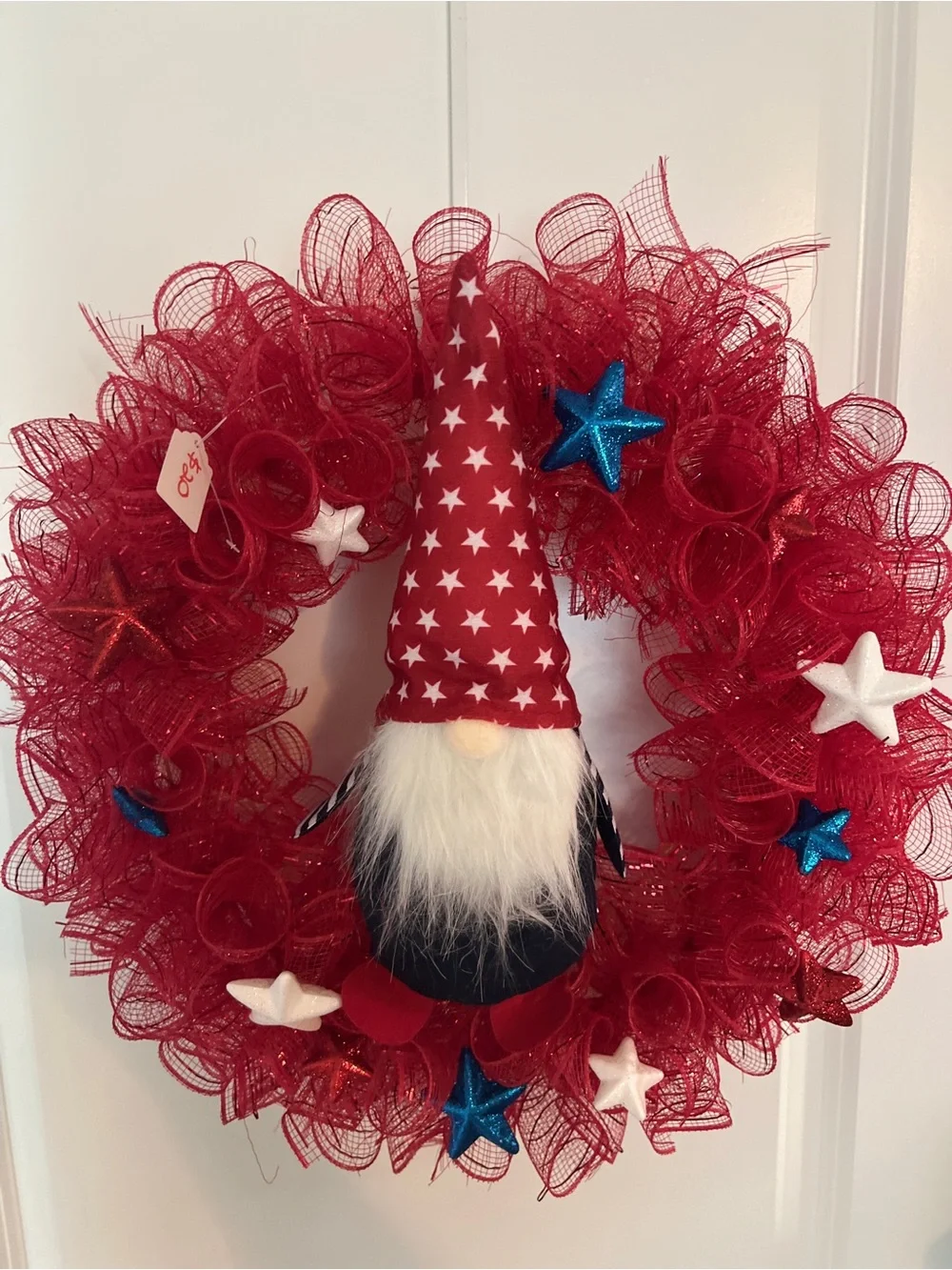 Patriotic Red Gnome Holiday Wreath - Home Holiday Decor Red White Blue